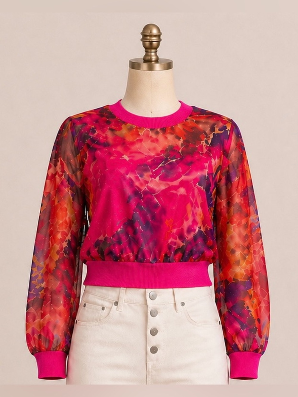 Alden Adair Luna Top Size 3 Pink Abstract Sheer Statement Blouse